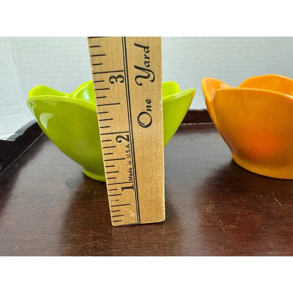 Set of 3 Flower Shaped Melamine Bowls Green Orange Yellow Petal Dip Snack Bowls